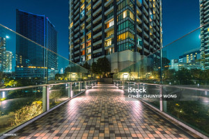 Apartment buildings in a Public area in Tokyo at night